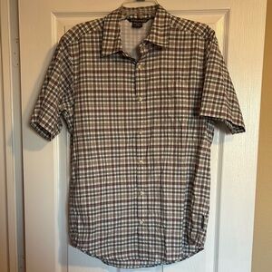 Exofficio men’s white and tan short sleeve button down shirt size medium
